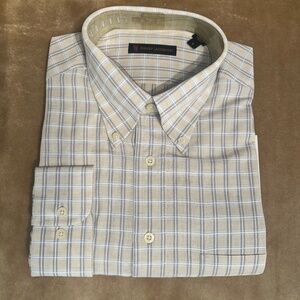 New Henry Jacobson, size Large, 100% cotton taupe plaid woven sport shirt